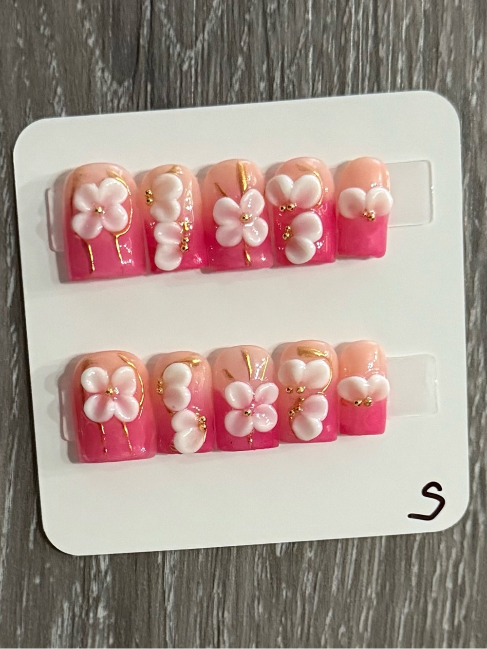 Pink 3D Floral Baby Duck Press-On Nails with Gold Accents